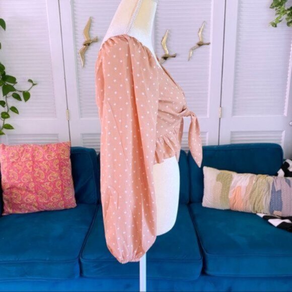 Cloud Ten Steph Long Sleeve Milkmaid Tie Front Crop Top Polka Dot Salmon Medium - Picture 7 of 12